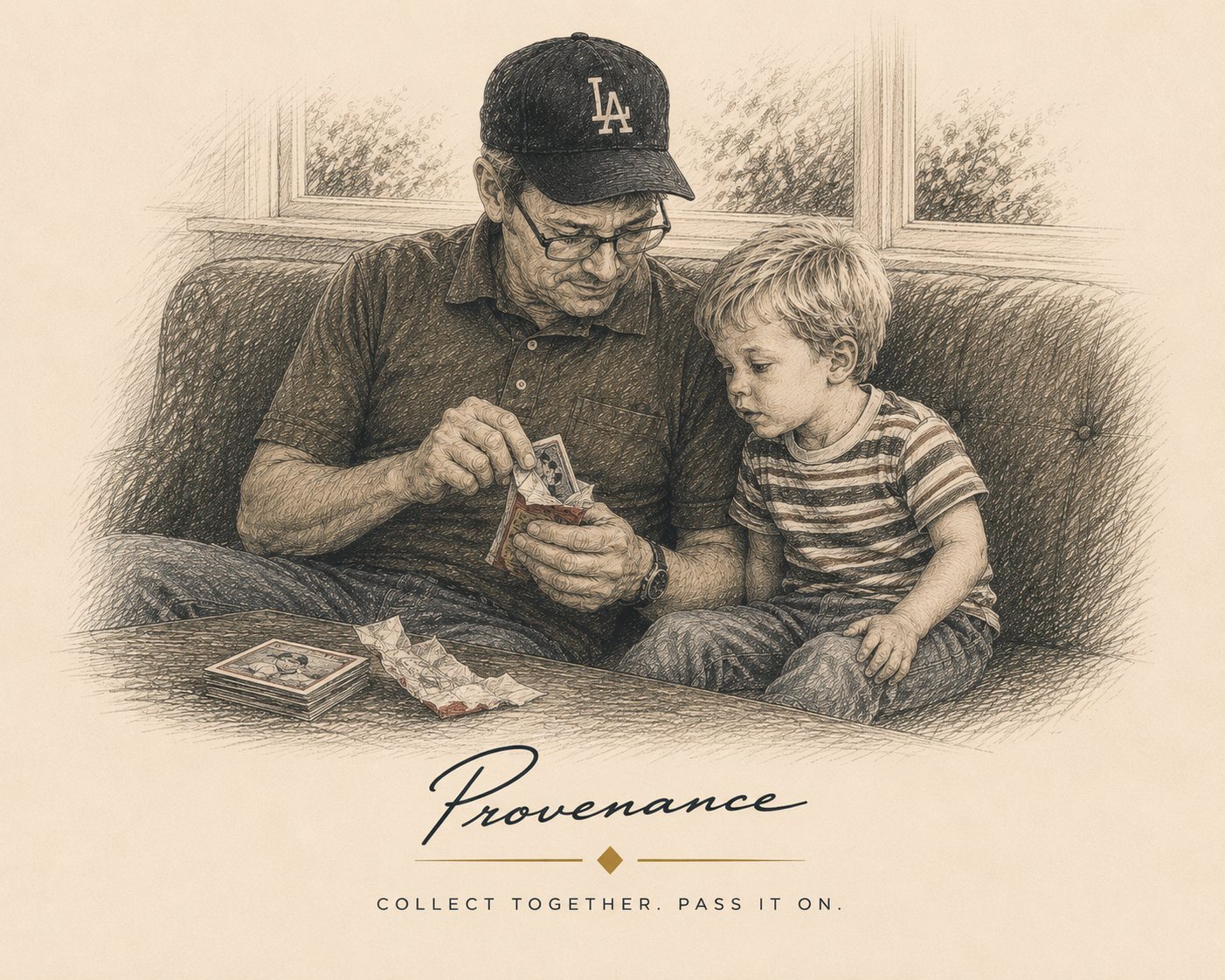 A grandfather opens a pack of sports cards with his grandson.